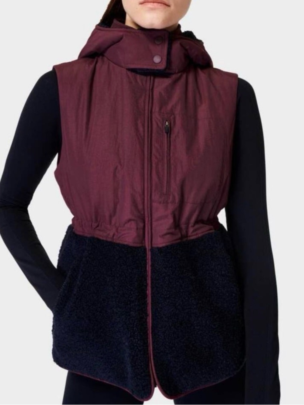 Black and Burgundy Sweaty Betty Urban Sherpa Vest  New Without Tag XS